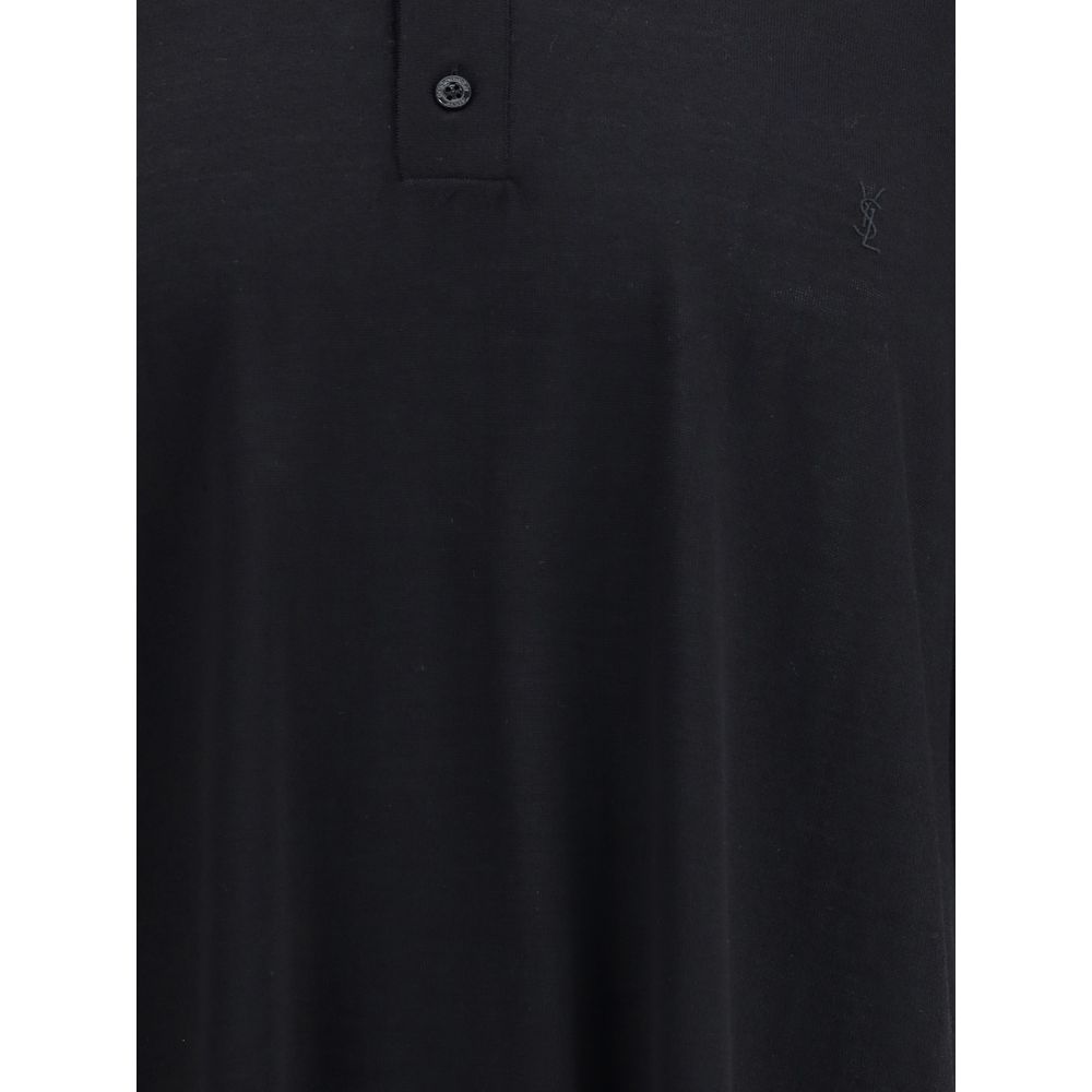 Saint Laurent Black Wool Polo Shirt with ribbed collar and three-button closure, elegant AW25 style. Regular fit, 100% wool.