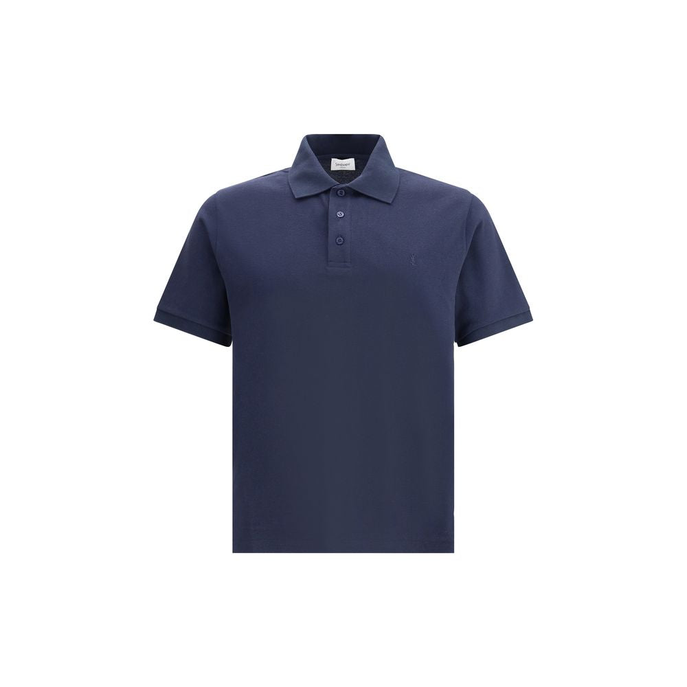 Saint Laurent Blue Cotton Polo Shirt with Cassandre logo and ribbed collar, offering sophisticated and minimalist style.