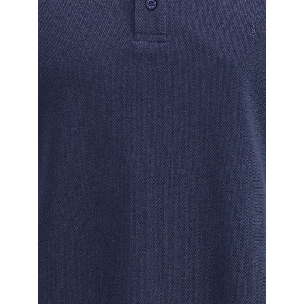 Saint Laurent Blue Cotton Polo Shirt with ribbed collar and Cassandre logo.