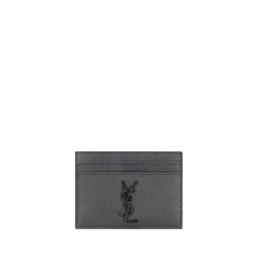 Saint Laurent Gray Calf Leather Bos Taurus Wallet with embossed logo, black card holder, season AW25, 10x10 dimension.