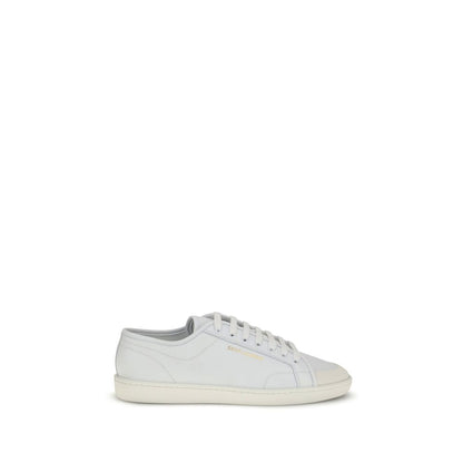 Saint Laurent White Calf Leather Bos Taurus Low Top Sneakers with gold signature, flat rubber sole, and lace-up closure for urban style.