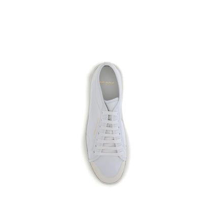 Top view of Saint Laurent White Calf Leather Bos Taurus Low Top Sneakers with lace-up closure and gold logo.