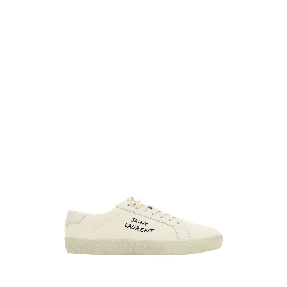 Saint Laurent White Rubber Low Top Sneakers with embroidered logo, round toe, lace-up closure, crater-effect sole, made in Italy, AW25 collection.