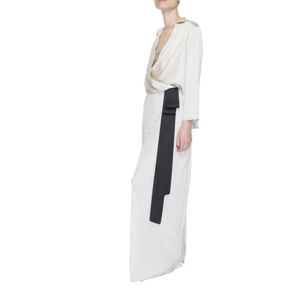 Sandro Ferrone Beige Polyester Long Dress with wrap neckline, long sleeves, and side belt.