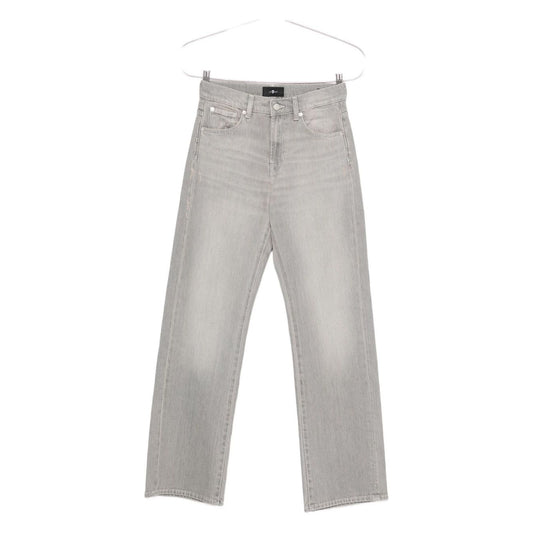 Alt Tag: Seven Jeans Grey straight leg denim pants with five-pocket styling and button fly, featuring wide-leg and belt loops.
