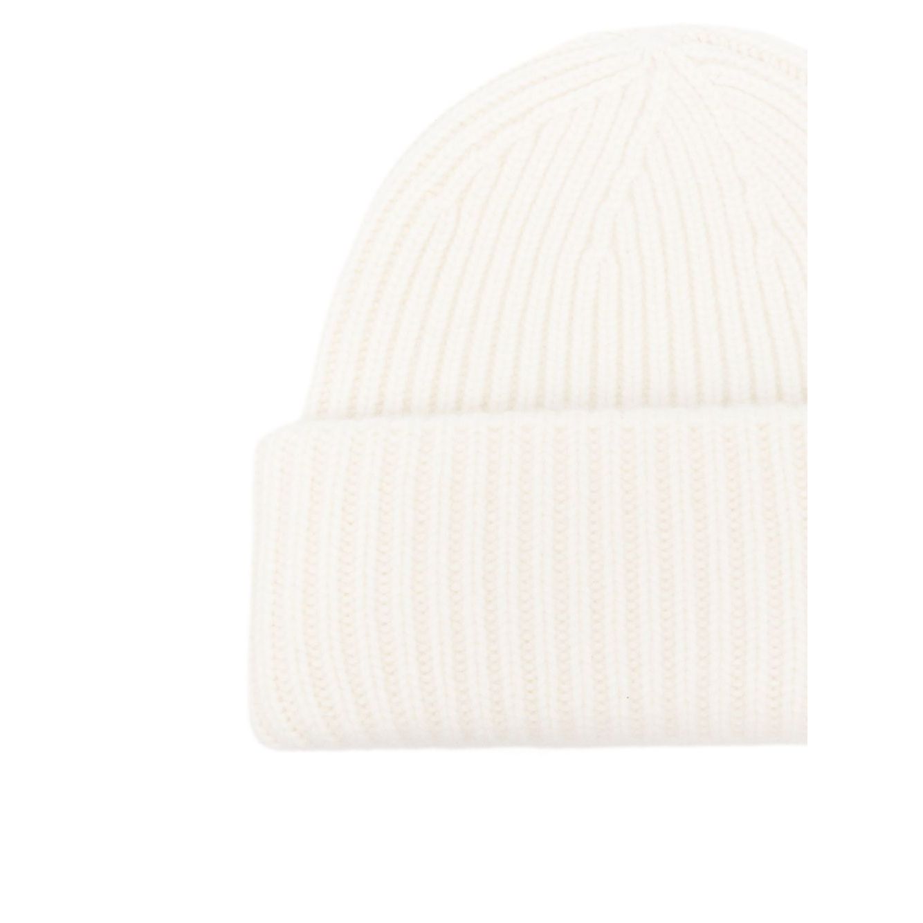 Soft Goat Cashmere ribbed beanie, white round crown turn-up brim, luxurious winter hat