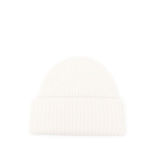 Soft Goat Cashmere ribbed beanie with white round crown and turn-up brim, perfect for winter fashion and warmth.