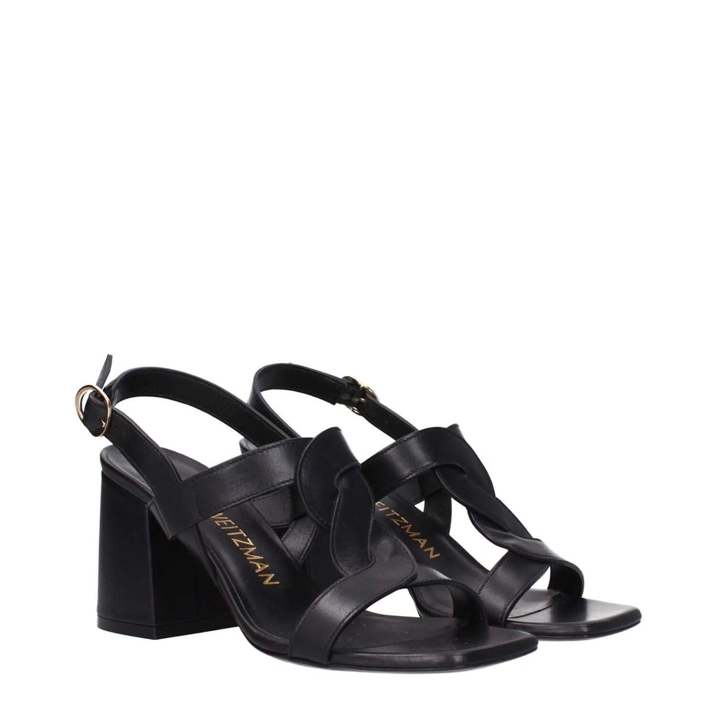 Stuart Weitzman Black Leather Platform Sandals with buckle closure and mid heels, open toe, 7.5 cm heel height for casual style