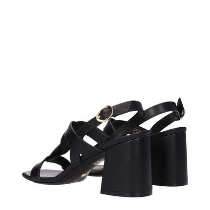 Stuart Weitzman Black Leather Platform Sandals with buckle closure and 7.5 cm mid heels, open toe design, and leather sole.