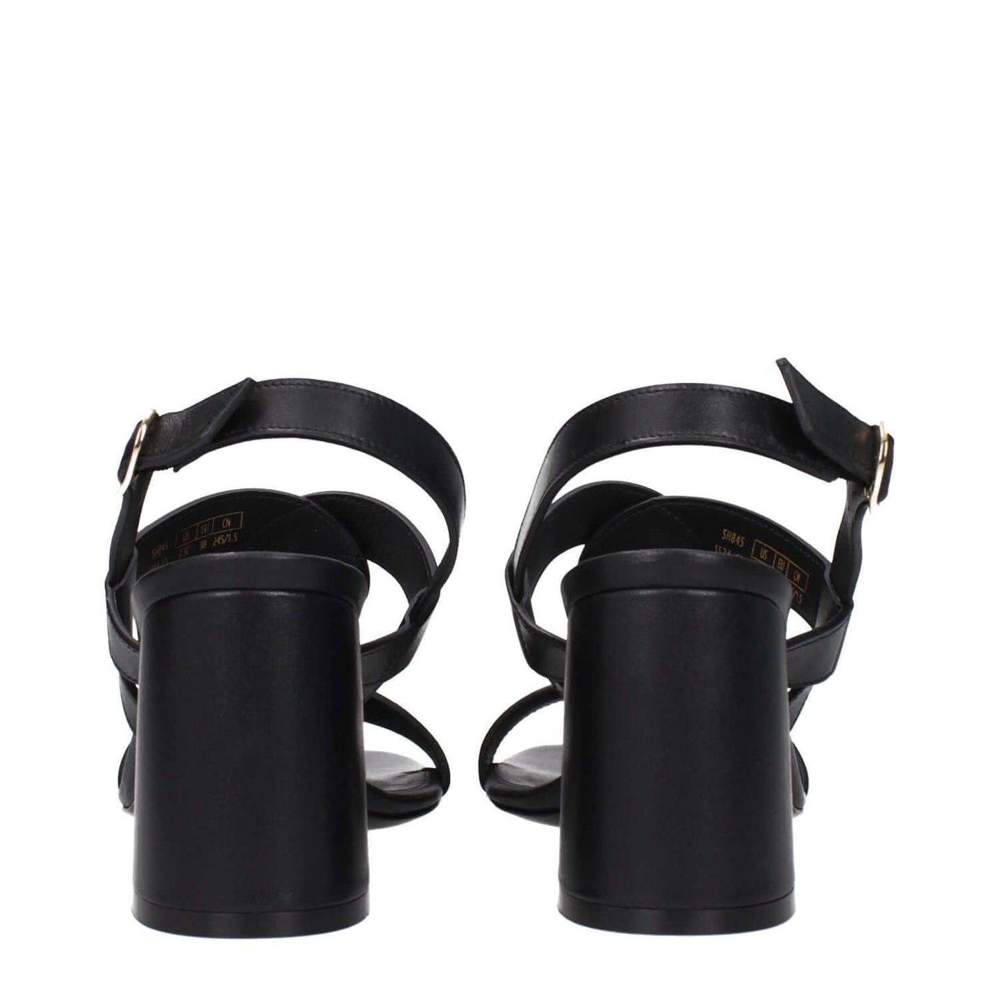 Stuart Weitzman Black Leather Platform Sandals with open toe and buckle closure, featuring a 7.5 cm mid heel, rear view.