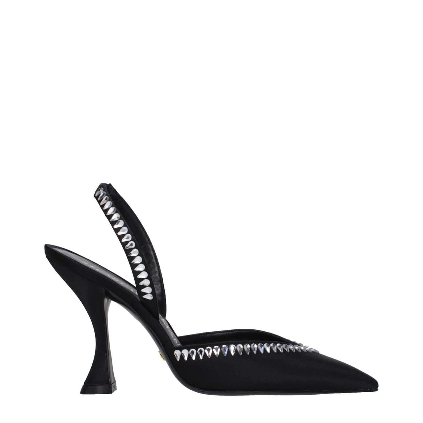 Stuart Weitzman Black Satin Stiletto Heel Sandals with rhinestones, leather sole, pointy toe, and high heel side view