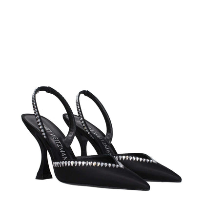 Stuart Weitzman Black Satin Stiletto Heel Sandals with Rhinestones and Leather Sole