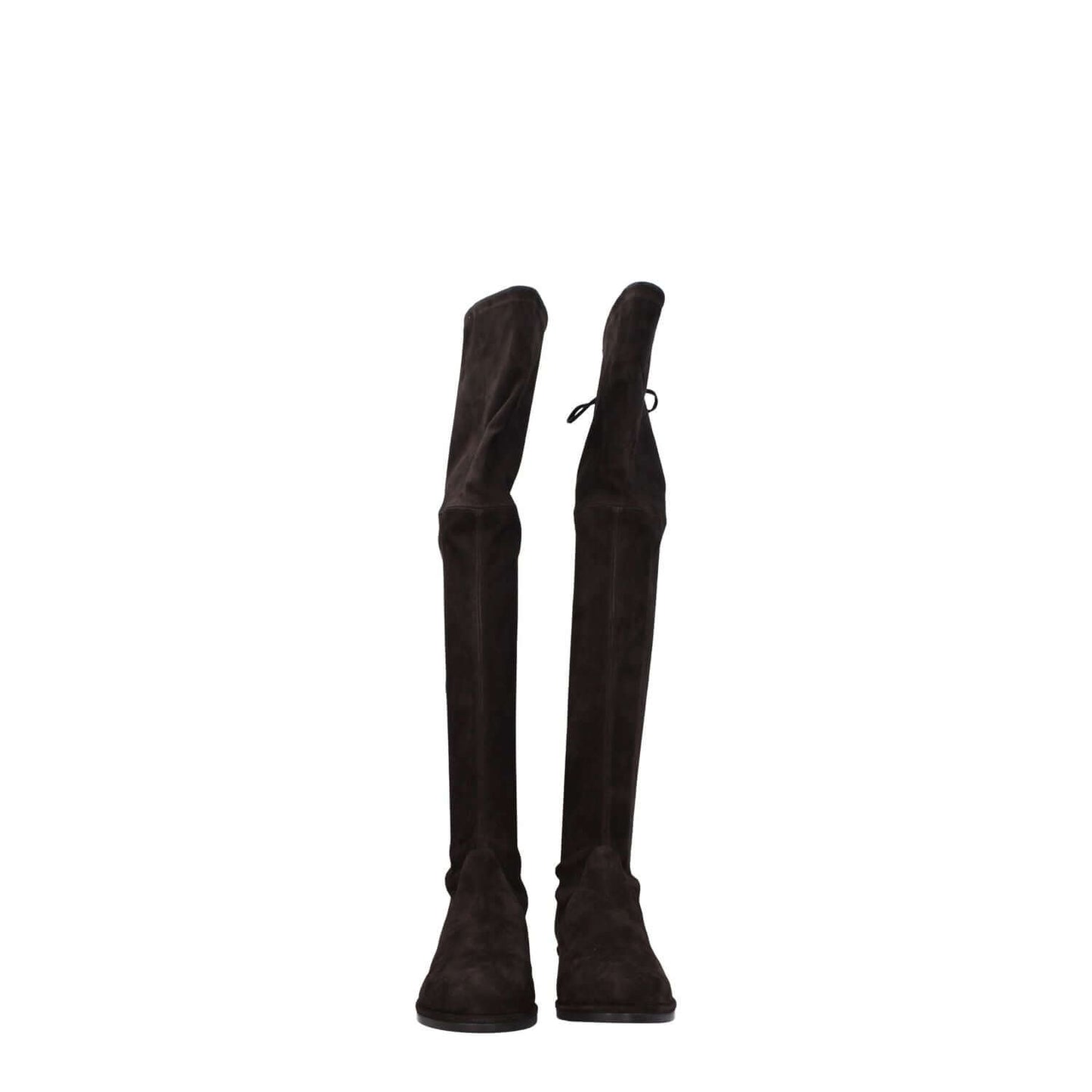 Stuart Weitzman Brown Leather Over The Knee Suede Boots with round toe and rubber sole, featuring self tie closures.