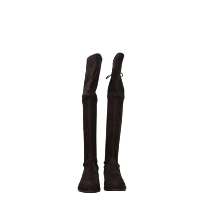 Stuart Weitzman Brown Leather Over The Knee Suede Boots with round toe and rubber sole, featuring self tie closures.