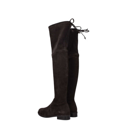 Stuart Weitzman Brown Leather Over The Knee boots, suede material, self-tie closure, round toe, low flat heel, side view.