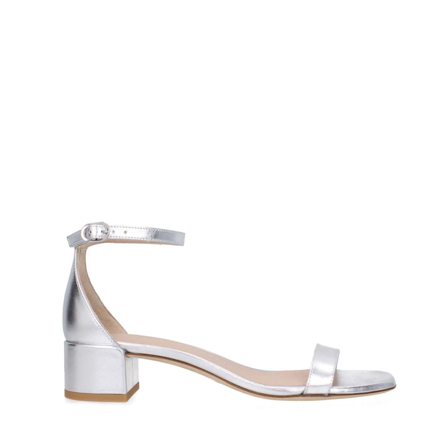 Stuart Weitzman Gray Leather Sandals with buckle closure, open toe, mid heels, and leather sole, style NUDISTCURVE35LIDSA535SILVER, 3.5 cm heel