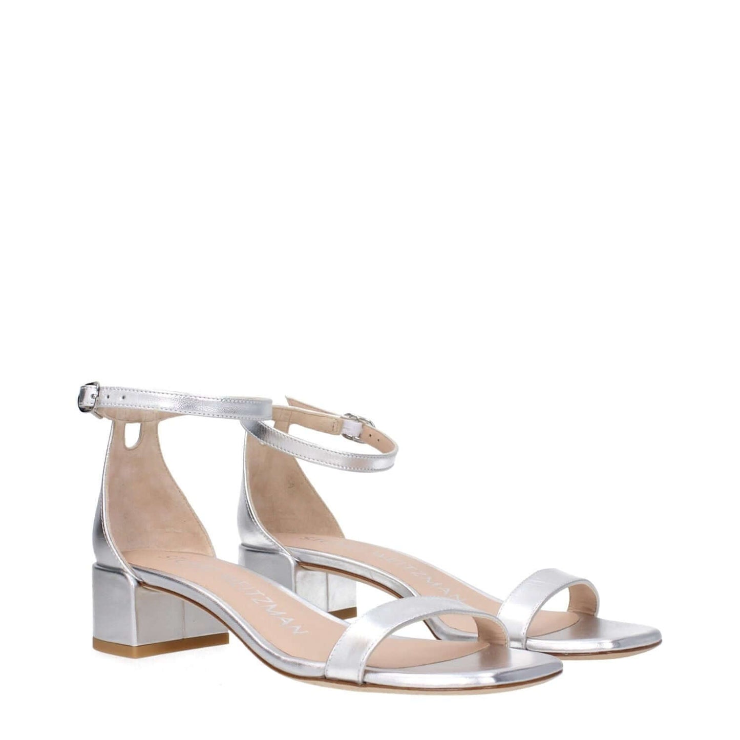Stuart Weitzman Gray Leather Sandals, silver buckle closure, open toe, mid heel, leather sole. MPN: NUDISTCURVE35LIDSA535SILVER.