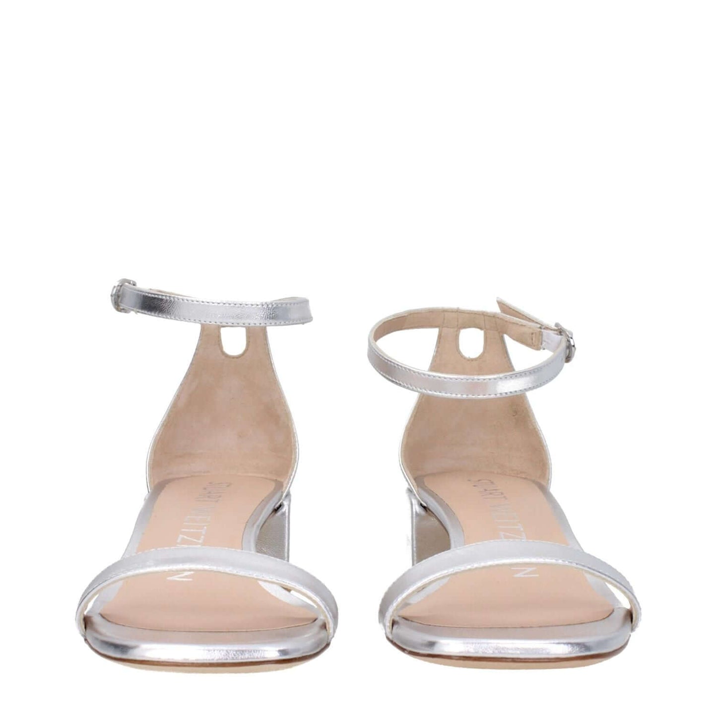 Stuart Weitzman Gray Leather Sandals with mid heels, buckle closure, open toe design, and leather sole. MPN: NUDISTCURVE35LIDSA535SILVER.