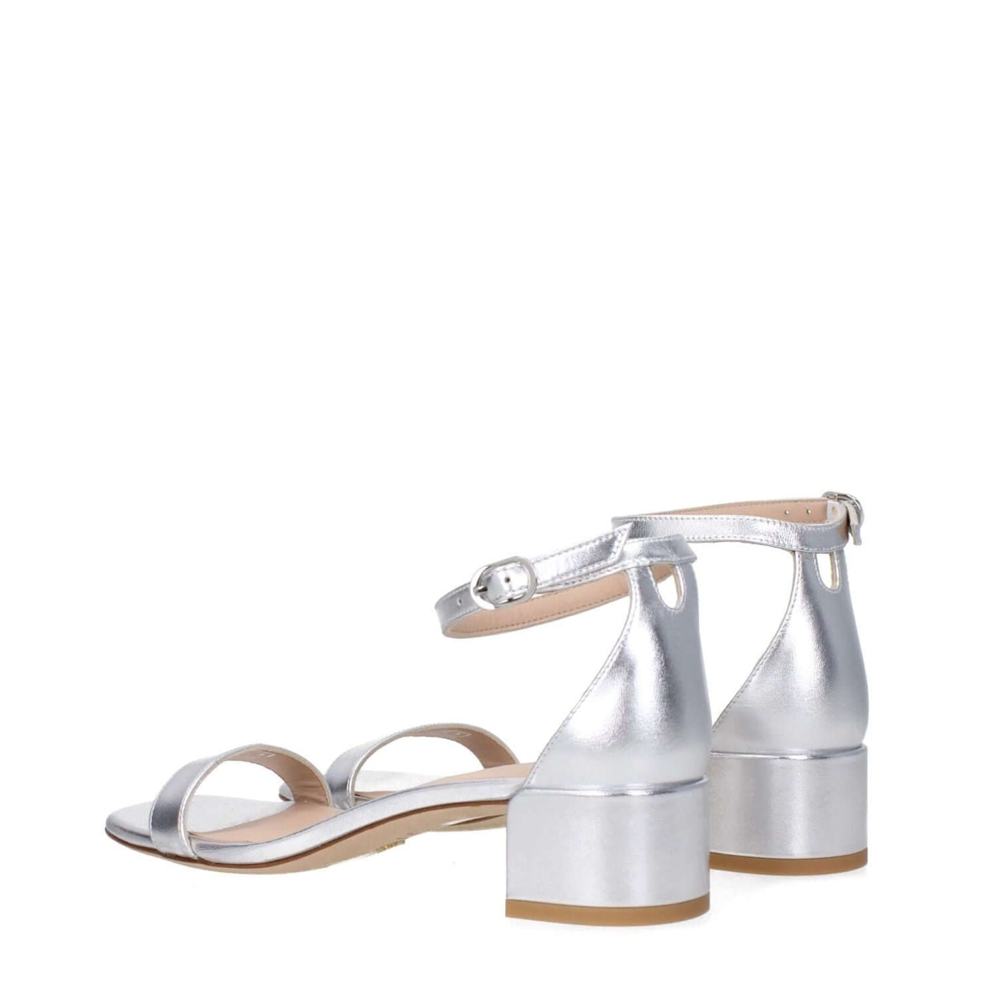 Stuart Weitzman Gray Leather Sandals with open toe and buckle closure, featuring a mid heel and silver leather design. MPN: NUDISTCURVE35LIDSA535SILVER