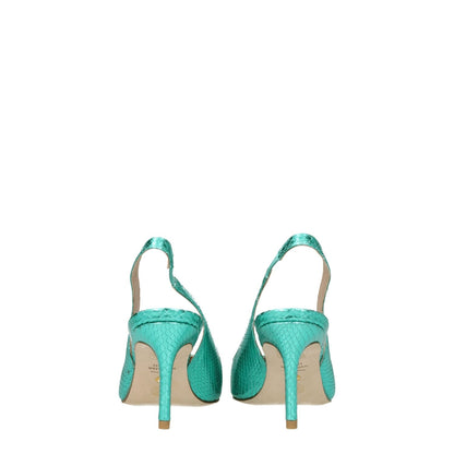 Back view of Stuart Weitzman Green Leather High Heel Pumps with pointy toe and snake print design.