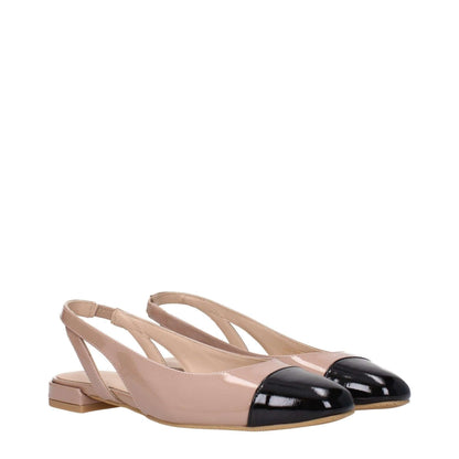 Stuart Weitzman Pink Leather Ballet Flats with black round toe and low flat heel, casual patent leather design.