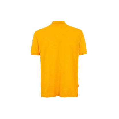 Suns Orange Cotton Polo Shirt with ribbed collar, logo on sleeve, and button closure, back view.
