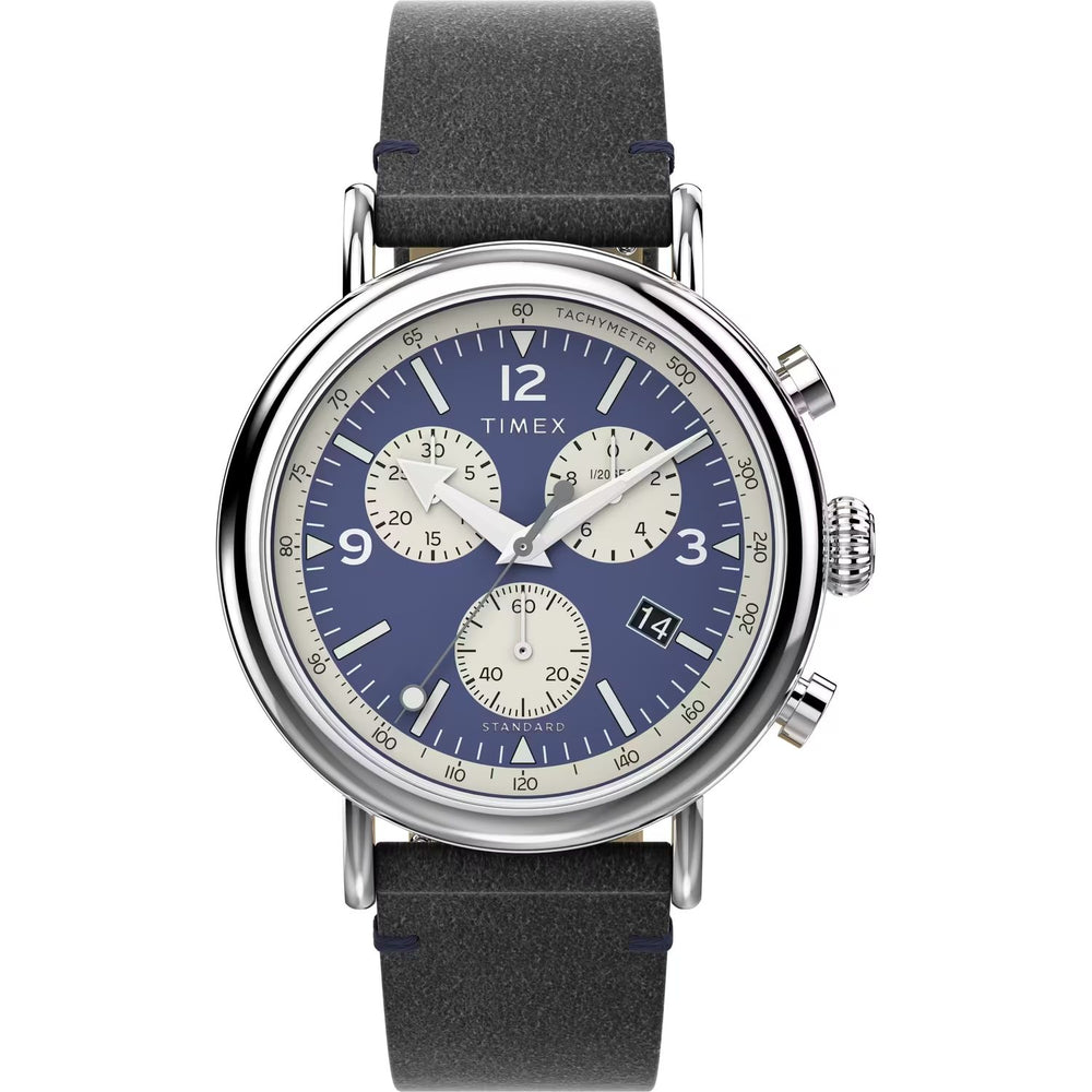 TIMEX MOD. STANDARD CHRONO wristwatch with 41mm brass case, leather strap, and chronograph date feature, water resistant to 5 ATM.