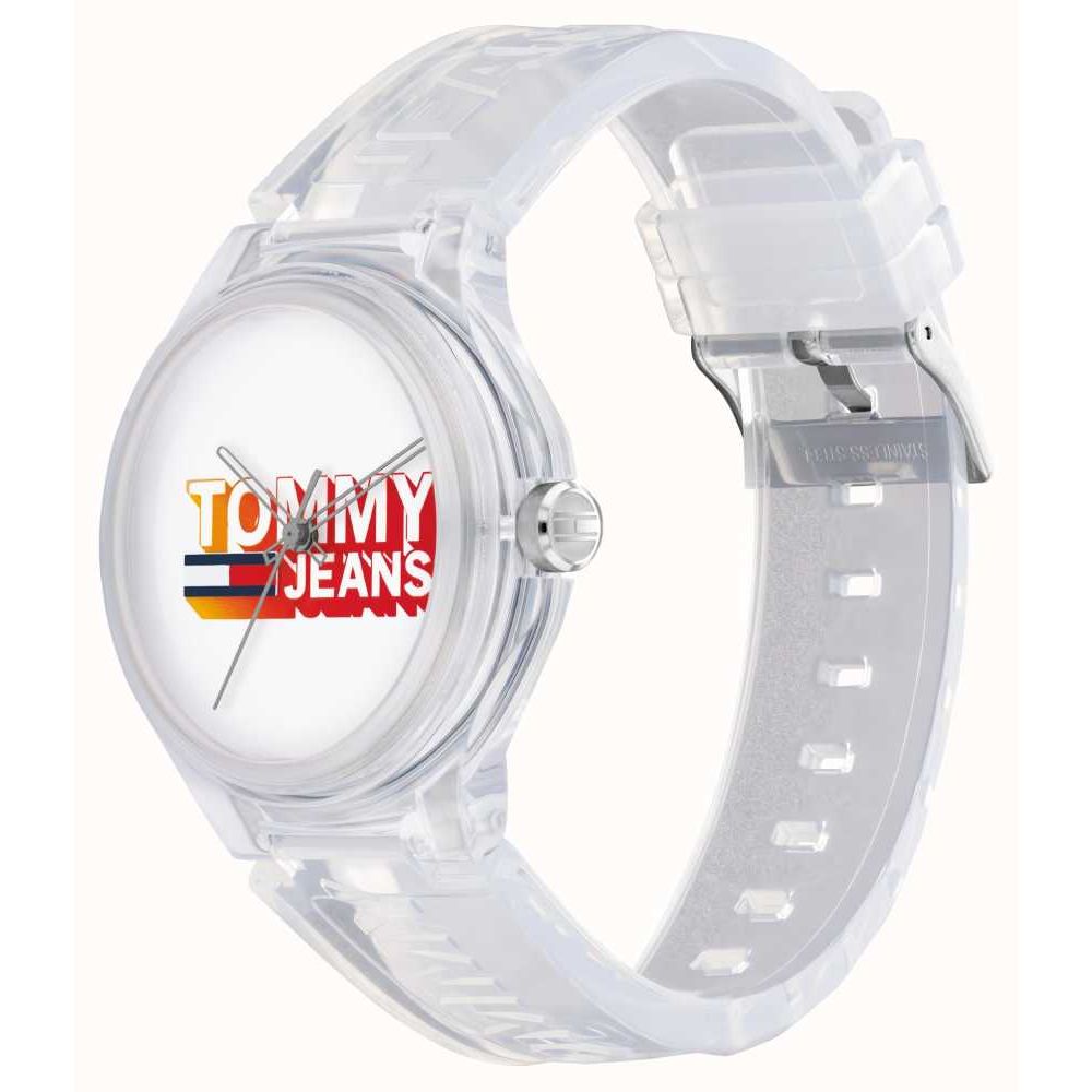 Transparent watch with TOMMY JEANS logo and quartz movements in clear case.