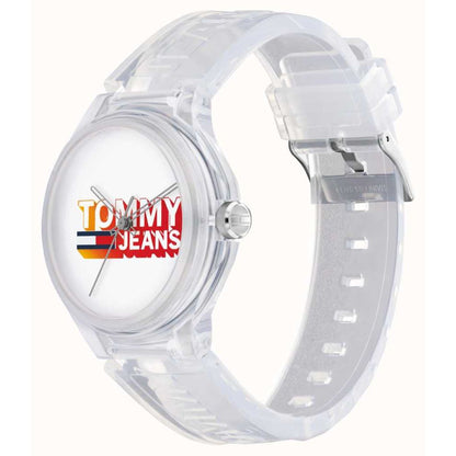 Transparent watch with TOMMY JEANS logo and quartz movements in clear case.