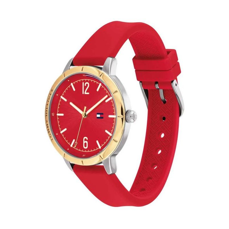 TOMMY HILFIGER Mod. 1782561 women's quartz watch with red dial and strap, 3 ATM water-resistant, in official packaging.