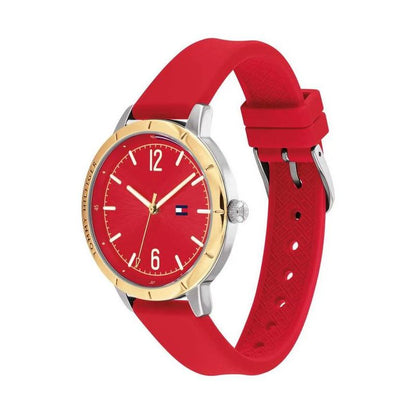 TOMMY HILFIGER Mod. 1782561 women's quartz watch with red dial and strap, 3 ATM water-resistant, in official packaging.
