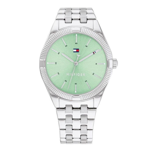 TOMMY HILFIGER Mod. 1782565 ladies' quartz analog watch with green dial, 3 ATM water resistance, and official packaging. 34mm case.