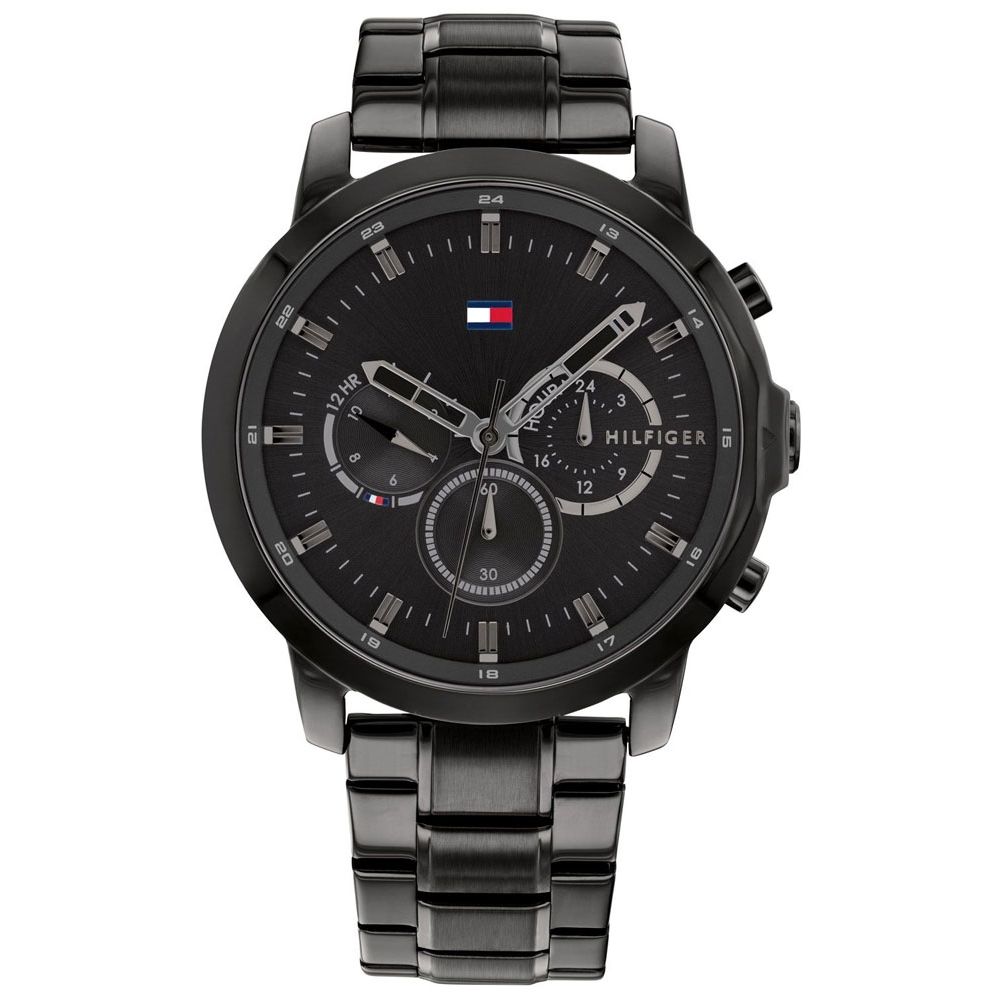 TOMMY HILFIGER Mod. 1791795 men's quartz analog watch with black bracelet and 46mm case, water resistant 5 ATM, official packaging included.