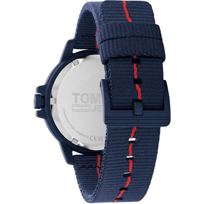 Back view of TOMMY HILFIGER Mod. 1791997 watch with blue strap and logo engraving, showing durable mineral case.