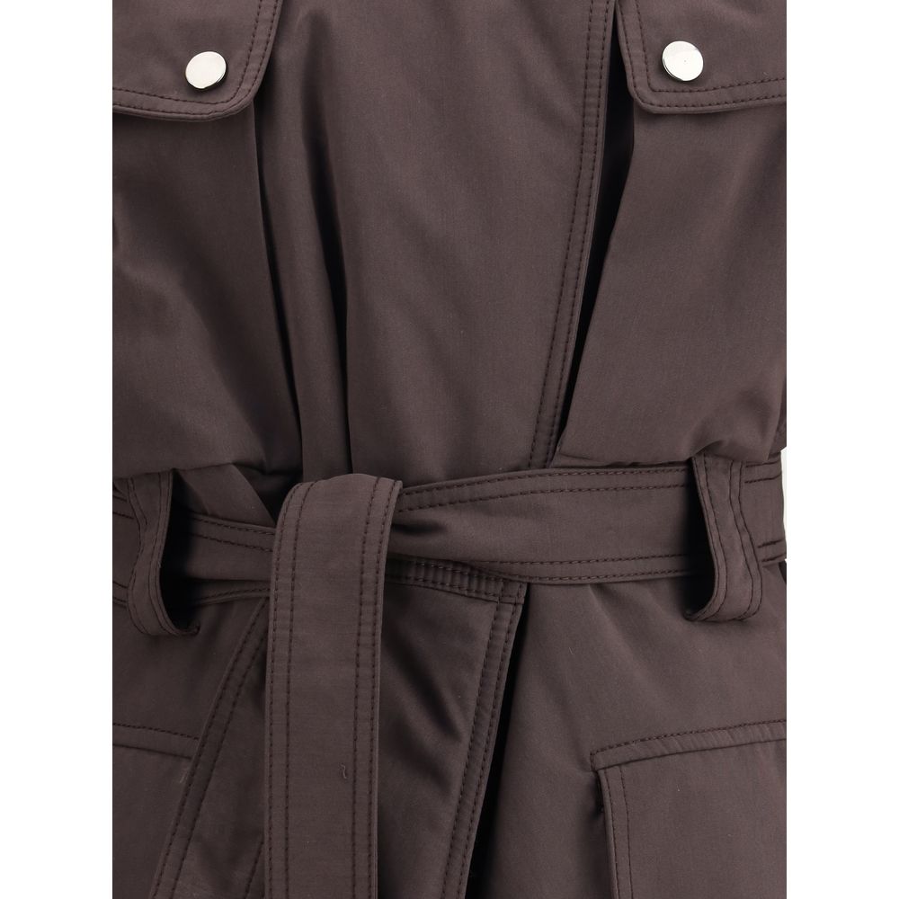 Close-up of The Andamane Purple Polyester Coat with snap buttons and a knotted belt highlighting its design details.