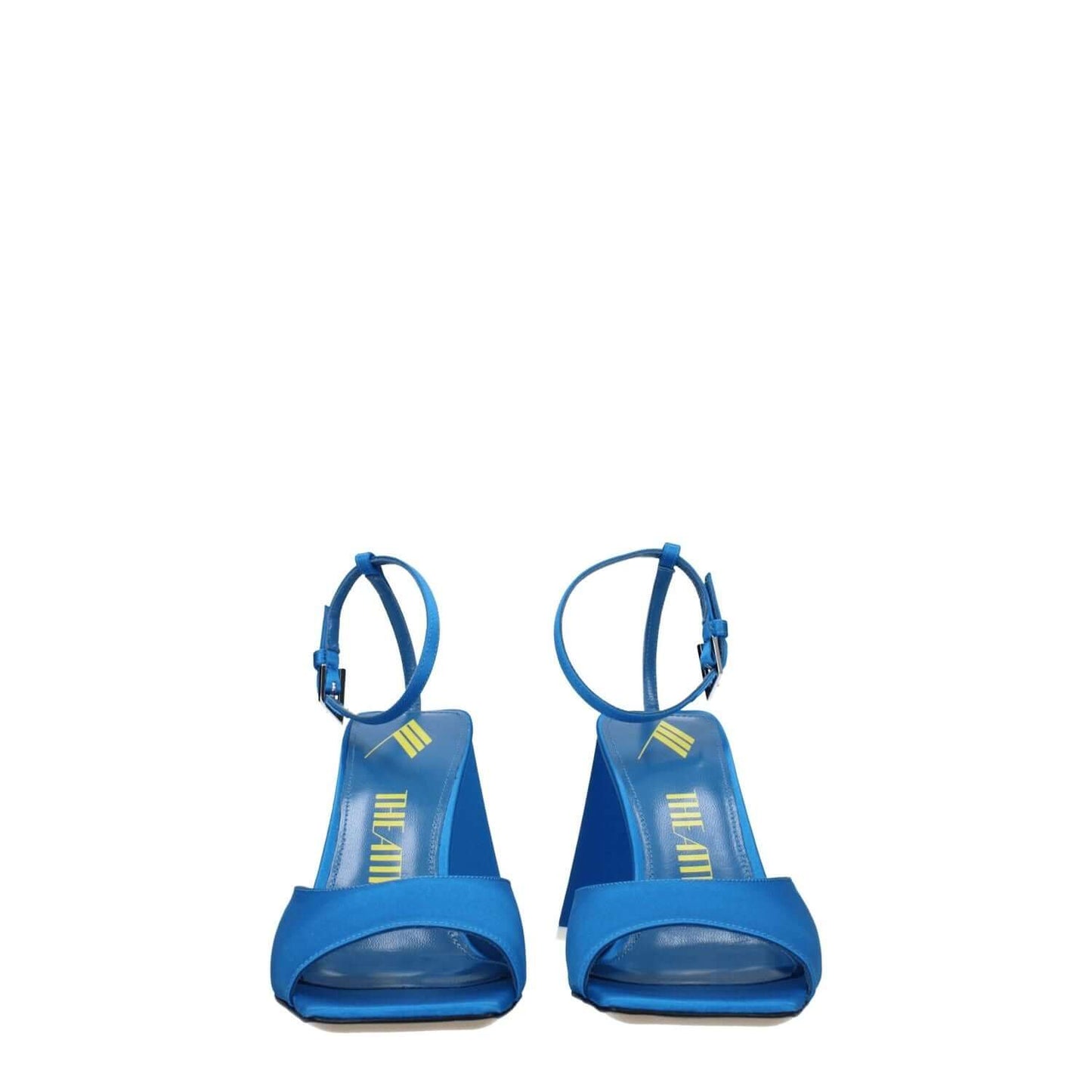 The Attico Blue Satin Stiletto Heel Sandals with buckle closure and leather sole, open toe, mid heels for casual style.