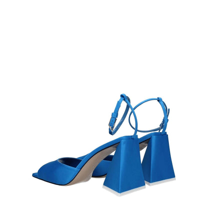 The Attico Blue Satin Stiletto Heel Sandals with buckle closure, leather sole, and open toe design, featuring an 8.5 cm mid heel.