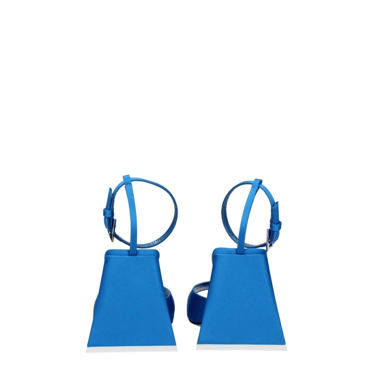 The Attico Blue Satin Stiletto Heel Sandals with buckle closure and open toe, 8.5 cm mid heels, leather sole, rear view.