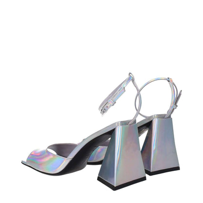 The Attico Gray Leather Platform Sandals with open toe and high heel, silver eco leather, stylish design, buckle closure, rubber sole.