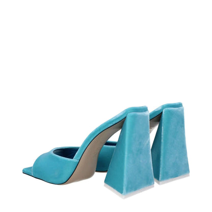 The Attico Light Blue Velvet Platform Sandals with high heel and open toe design in turquoise velvet, featuring leather sole.