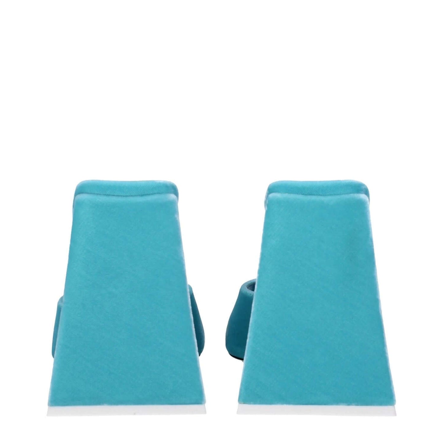 Back view of The Attico Light Blue Velvet Platform Sandals with high heels and leather sole.