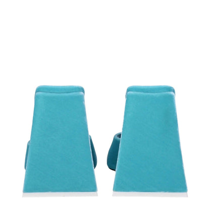 Back view of The Attico Light Blue Velvet Platform Sandals with high heels and leather sole.