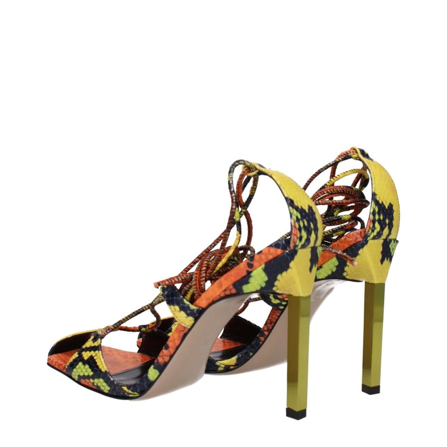 The Attico Orange Leather Stiletto Heel Sandals with snake print, vintage effect, 11 cm high heel, open toe design, self-tie closures.