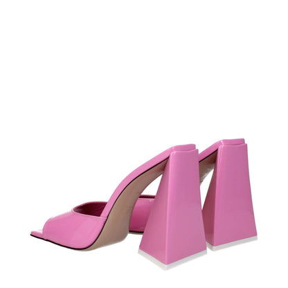 The Attico Pink Leather Platform Sandals with patent leather, open toe, and high heel design.