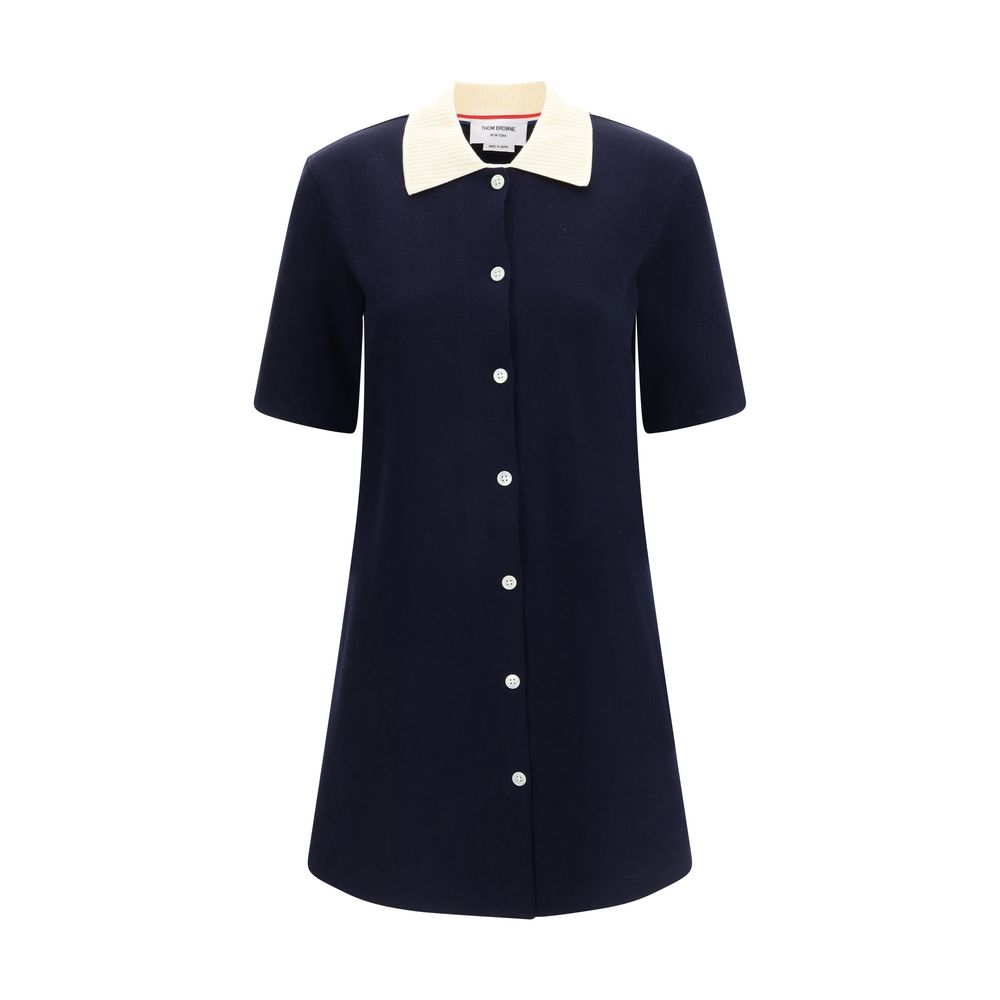 Thom Browne Blue Cotton Casual Dress with polo-style collar and button closure, ribbed knit, elegant short sleeves, 100% cotton.