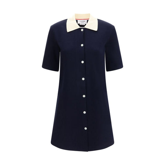 Alt Tag: Thom Browne Blue Cotton Casual Dress with ribbed knit, short sleeves, and polo-style collar for modern elegance and comfort.