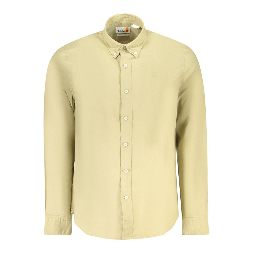 Timberland Beige Cotton Men Shirt featuring long sleeves and button-down collar for modern style and casual elegance.