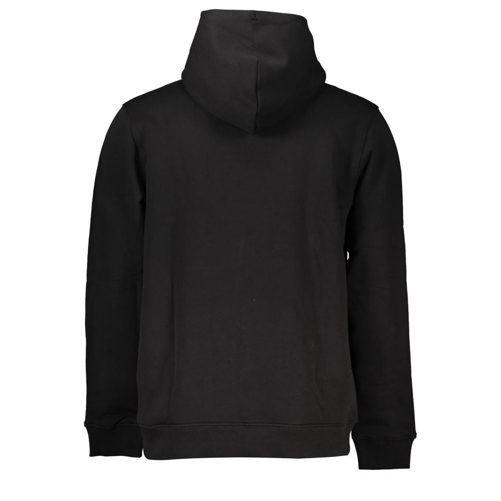 Rear view of Tommy Hilfiger Black Cotton Men Sweater with Hood, showcasing sleek design and plush materials for stylish comfort.
