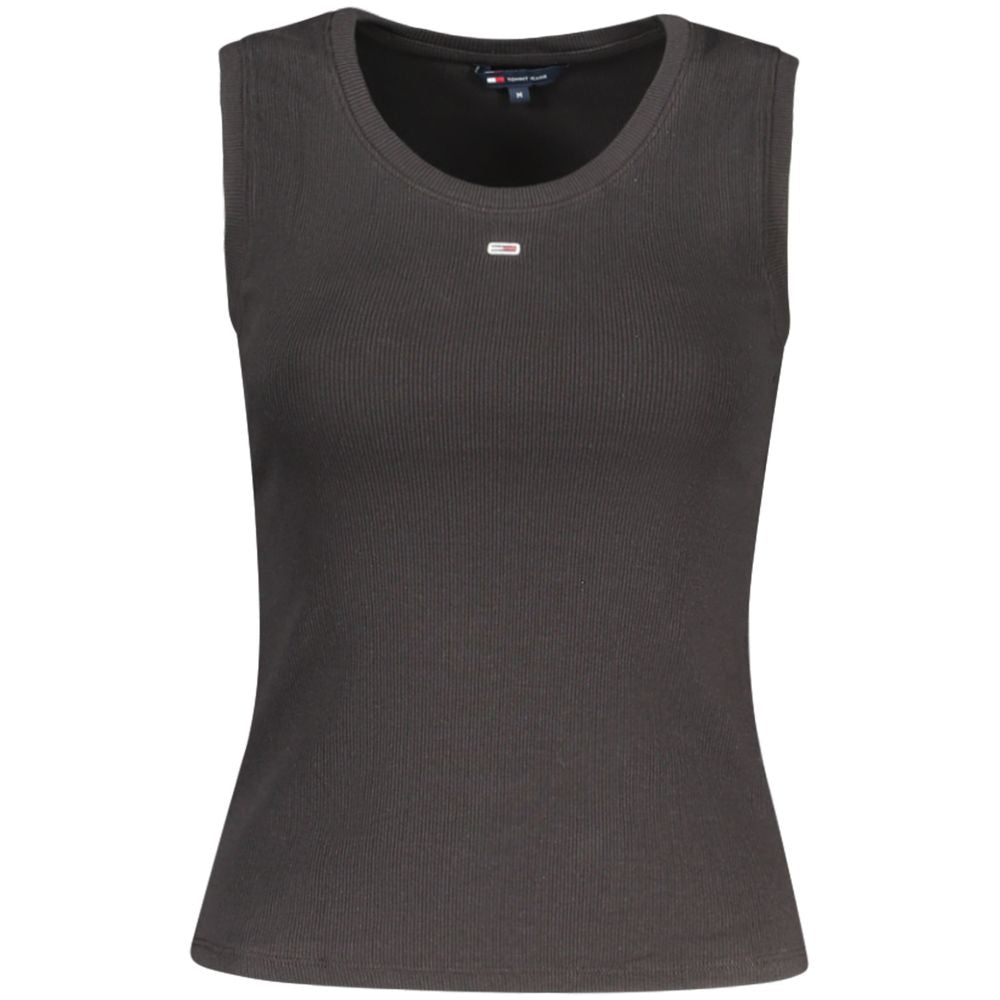 Tommy Hilfiger Black Cotton Tank Top with wide neckline and logo embroidery, made from 95% regenerative cotton material.