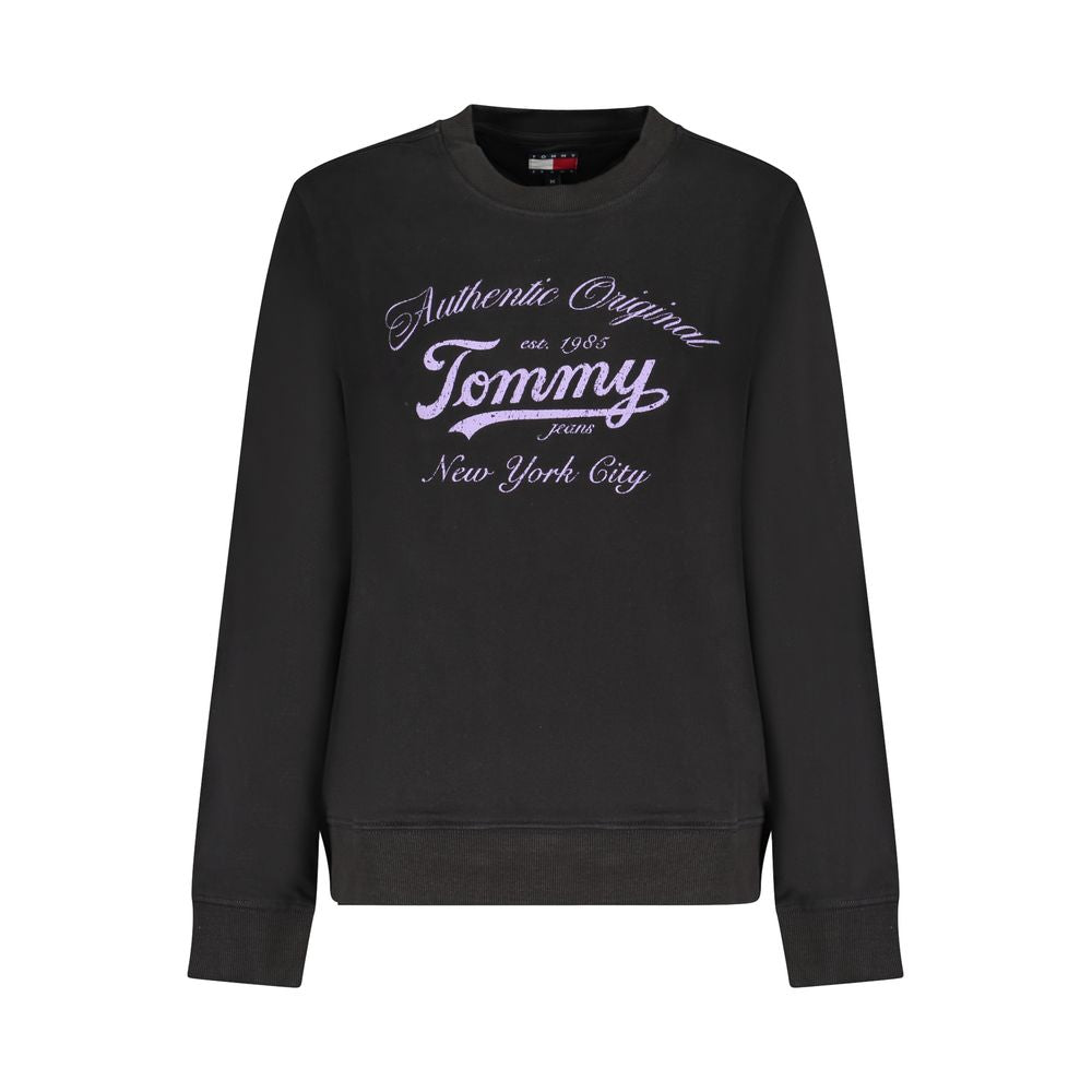 Tommy Hilfiger Black Cotton Women Sweater with logo print, long sleeves, and brushed finish, embodying classic American cool style.